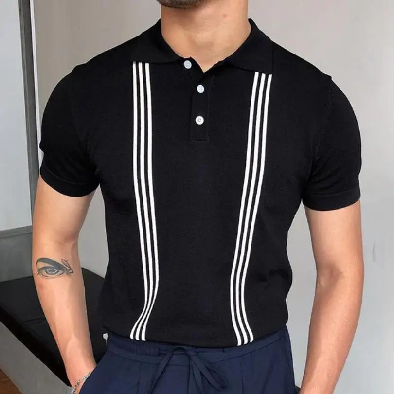 

2021 Business Men Turn-Down Shirts Summer Striped Slim Tops Pullover Men Casual Button Design Short Sleeve Polo Shirts w156