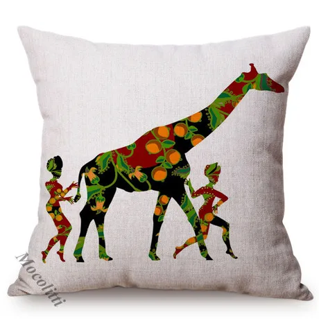 African Folk Traditional Music Art Hand Painted Africa Women Ride Giraffe Abstract Pattern Sofa Pillow Cover Linen Cushion Cover K156-7