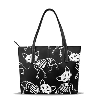 

PU Leather Handbags Cute Skeletons Cats Day Of The Dead Women Bag Casual Female Bags Trunk Tote Shoulder Bag Ladies