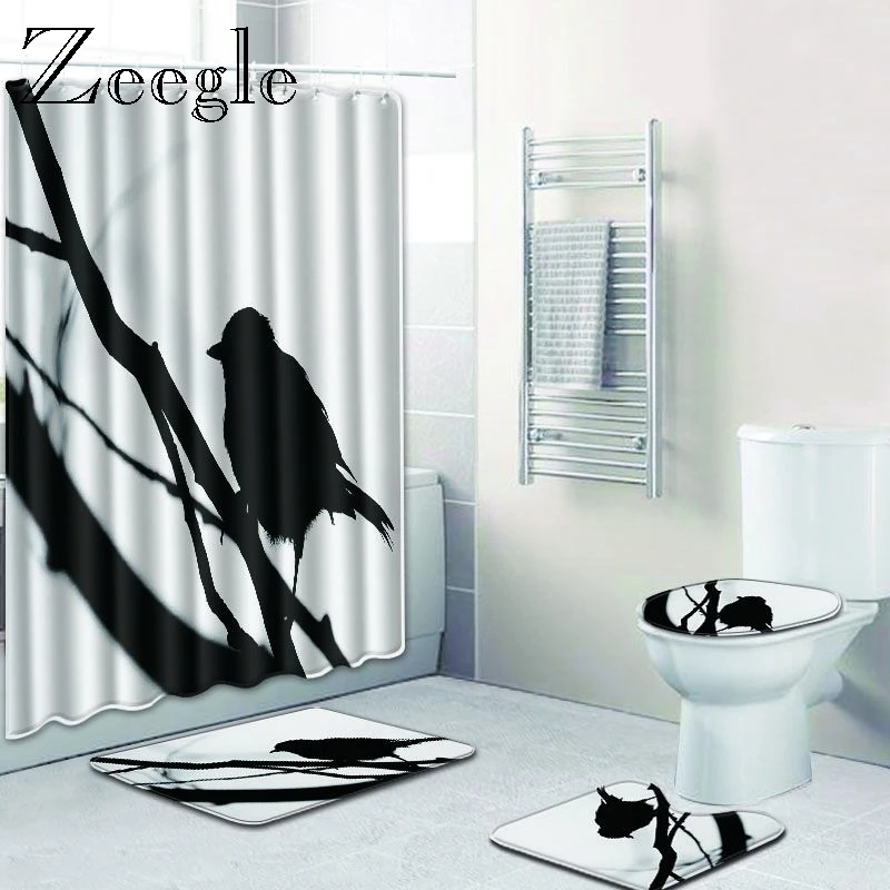 Zeegle 4pcs Shower Curtain Set Non Slip Bathroom Doormat Mat Absorbent Toilet Pedestal Rug Foot Washable Bath | Дом и сад