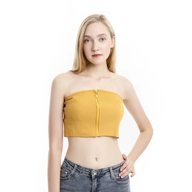 Women Tube Top Women Sexy Strapless Front Zipper Bandeau Tube Top Knitted Ribbed Cropped Tops