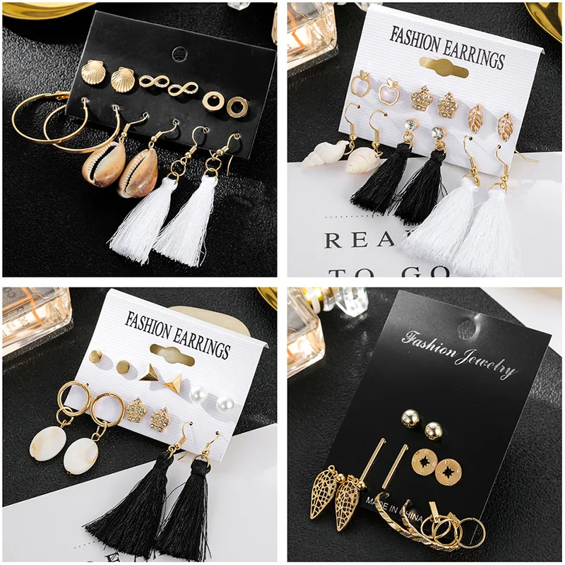 

6Pairs/Lot Infinity Shell Crown Apple Leaf Round Long Tassel Stud Earrings Set For Women Mixed Gold Pearl Earring Ear Jewelry