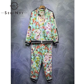 

SEQINYY Blue Green Set 2020 Autumn Winter New Fashion Design Women Loose Jacket + Pantes Flowers Print Vintage Suit Runway