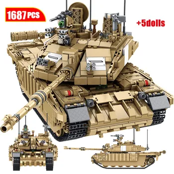 

1687PCS New Theme Tank Building Blocks For Lepining WW2 Army Soldier Figures Bicks Military Challenger 2 Main Battle Tank Mode