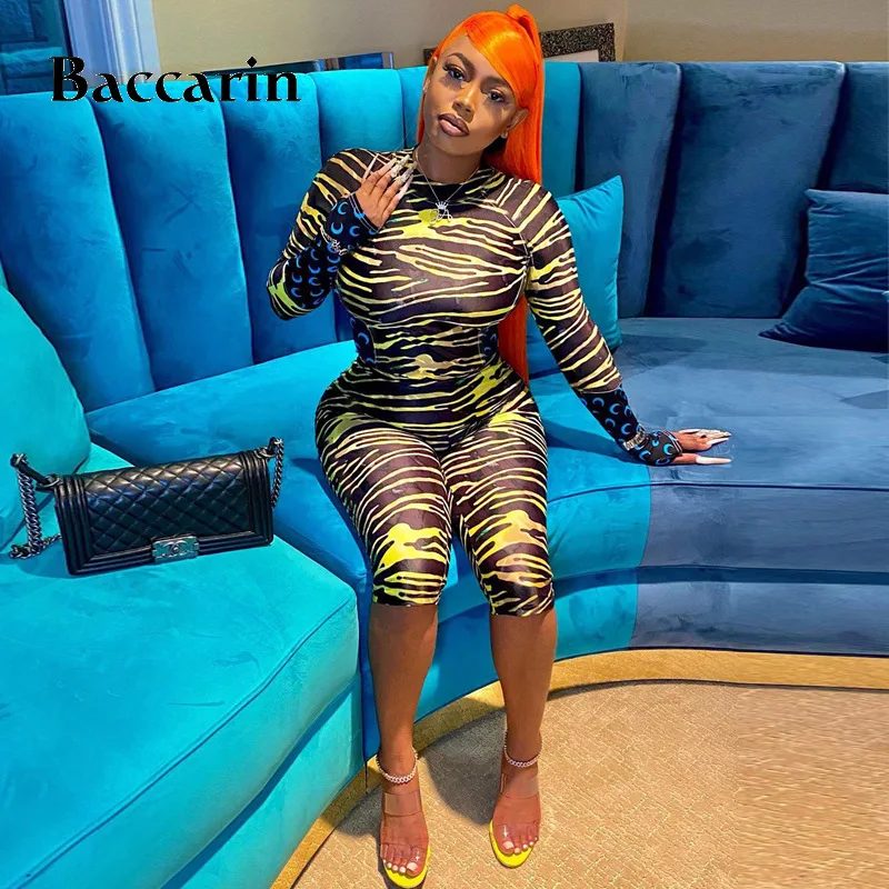 

Baccarin Zebra Crescent Moon Print Patchwork Women Long Sleeve Playsuit Gloves Zipper Bodycon Sexy Stretch Sporty Autumn Winter