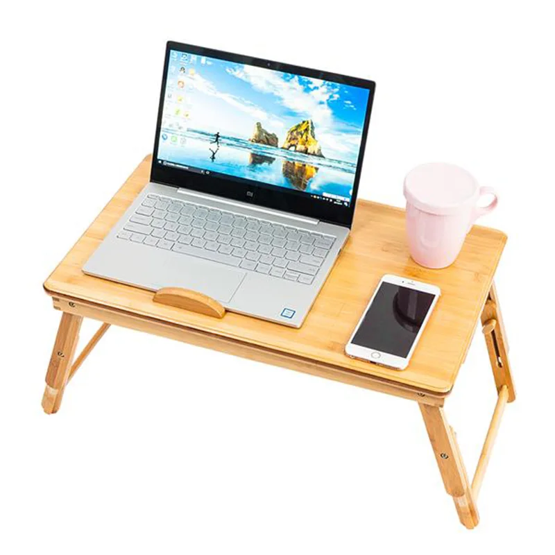 

53cm Trendy Double Flowers Engraving Pattern Adjustable Bamboo Computer Desk Wood Color