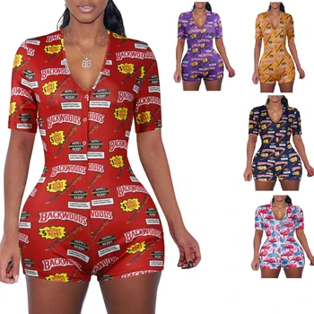 

Women Nightwear Floral Print Deep V-Neck Short Sleeve Jumpsuit Bodysuit Pajamas