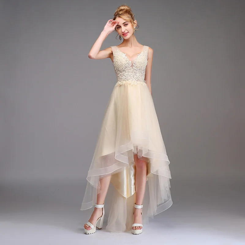 High-low Prom Dress A-line Sleeveless Double V-neck Lace Tulle Backless Queen Abby Party Gown | Свадьбы и торжества