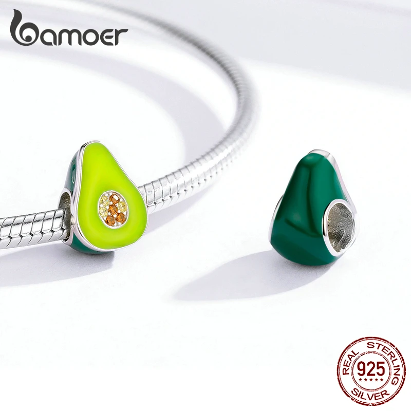 Bamoer 925 пробы серебряные ювелирные изделия с зеленой эмалью авокадо фруктовый Шарм для оригинального серебряного браслета 3 мм для женщин Изготовление ювелирных изделий BSC129