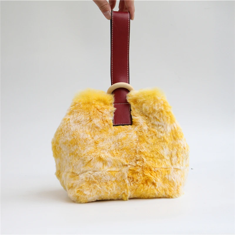IANLAN New Womens Rex Rabbit Fur Shoulder Bags Casual Real Soft Fur Crossbody Bags Genuine Cowhide Handbags IL00557