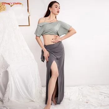 

Hot Sell Cheap 2 Piece Women Sexy Bellydance Costume Printed Side Slit Long Skirt Modal Bouse Team Dance Show Wear