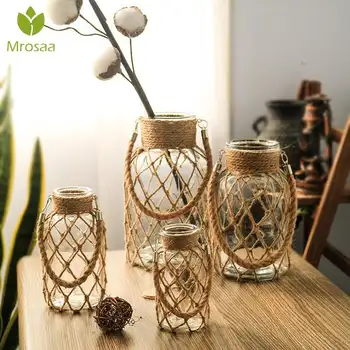 

Newest Hemp Rope Vase Handmade American Style Glass Vase Living Rooms Table Decor Water Hydroponics Flower Rope Dry Flower Vase