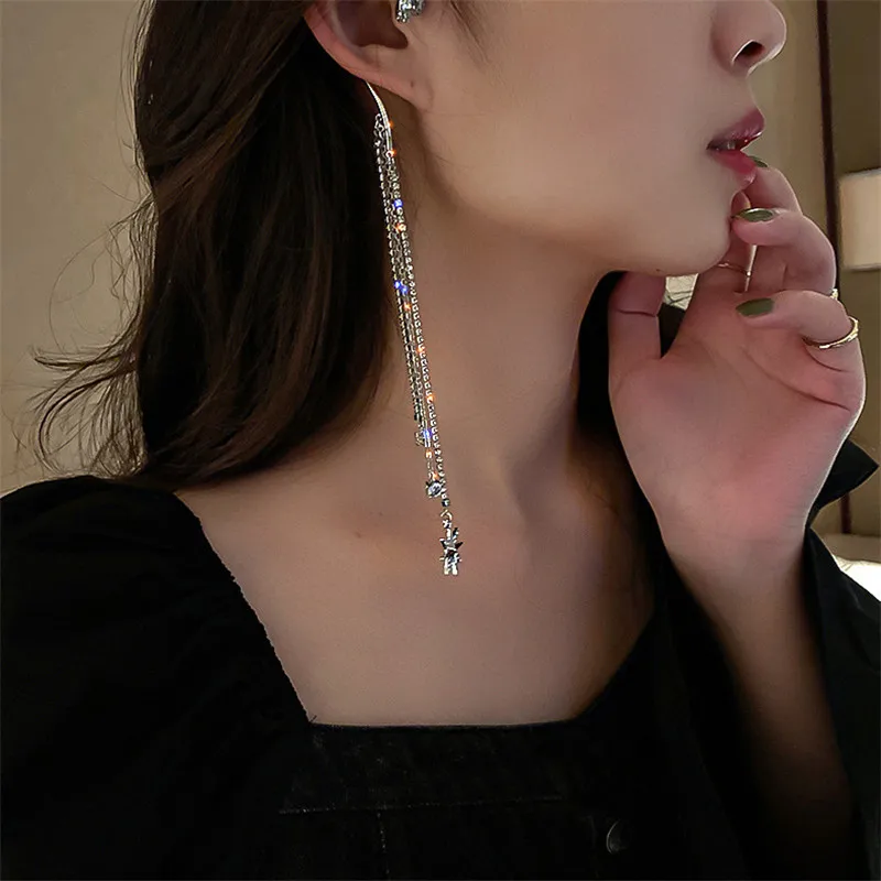 FYUAN Fashion Long Tassel Rhinestone Crystal Earrings Star Pendant Ear Clip Earrings for Women Wedding Party Jewelry - Image 2