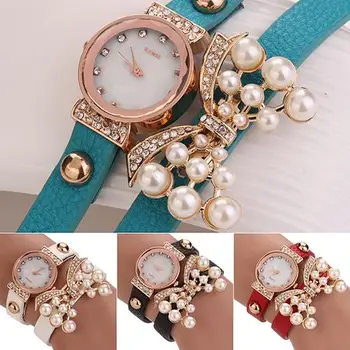 

Women's Butterfly Faux Pearls Bracelet Faux Leather Rhinestone Wrist Watch Gift