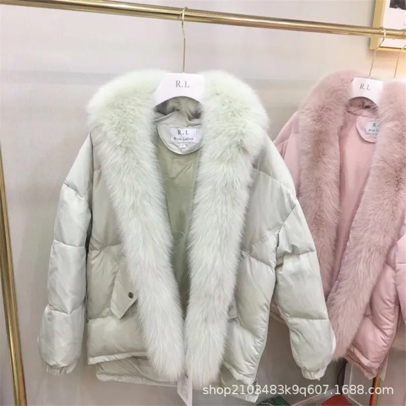 Зима, стиль, корейский стиль, большой меховой воротник, свободный крой, женский пуховик, большой размер, средней длины, женский, импортные товары