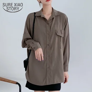 

Women Long Section Shirts Autumn 2019 New Elegant Fashion Long Sleeve POLO Collar OL Style Pocket Casual Loose Blouses 7254 50