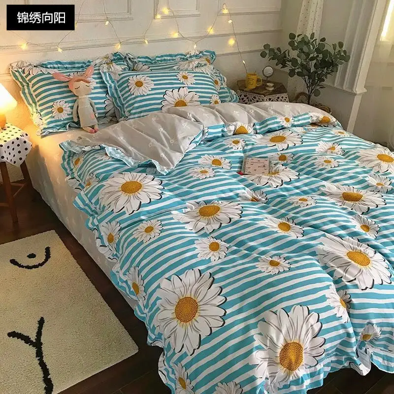 Four-piece set on a lotus leaf bed Korean style fragrant taro purple grid soft small fragrant style bed sheet three-piece set 