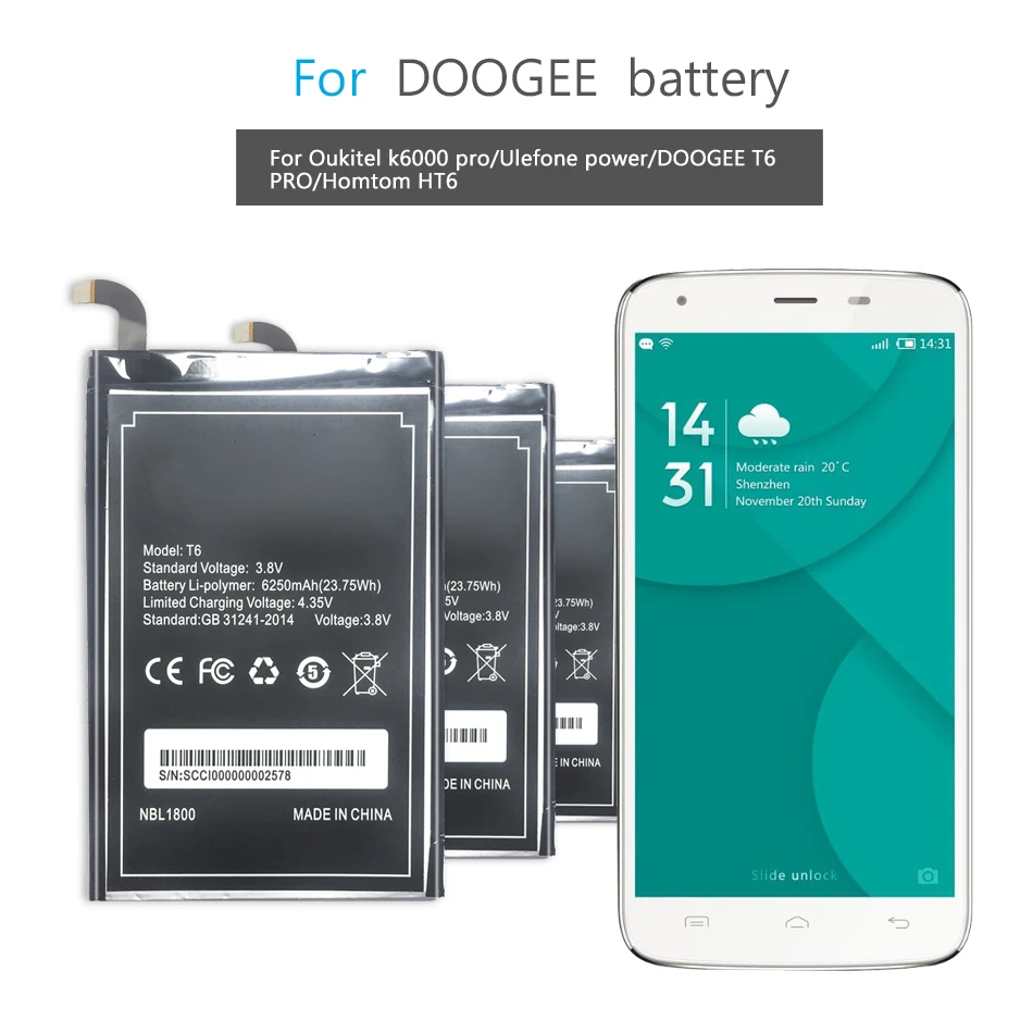 YKaiserin большая емкость 6250 мАч литий-полимерная батарея T6 Для Doogee T6 PRO Аккумуляторы для мобильных телефонов