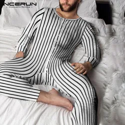 Men Striped Pajamas Jumpsuits Long Sleeve Button Up Leisure Homewear Rompers 2021 Comfortable O Neck Men Sleepwear S-5XL INCERUN