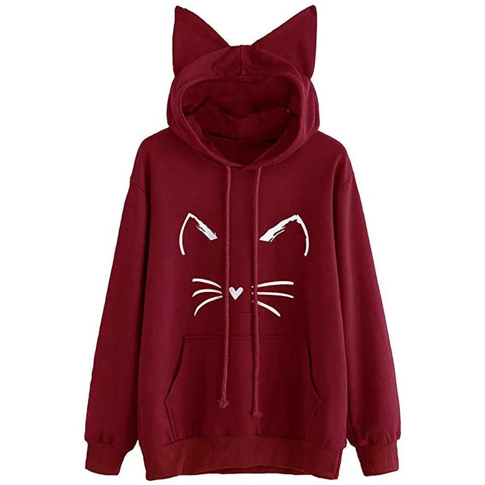 Jaycosin Womens Cat Ear Solid Long Sleeve Hoodie Sweatshirt Special Casual Cool Chic Print Cute Hooded Pullover Tops Blouse