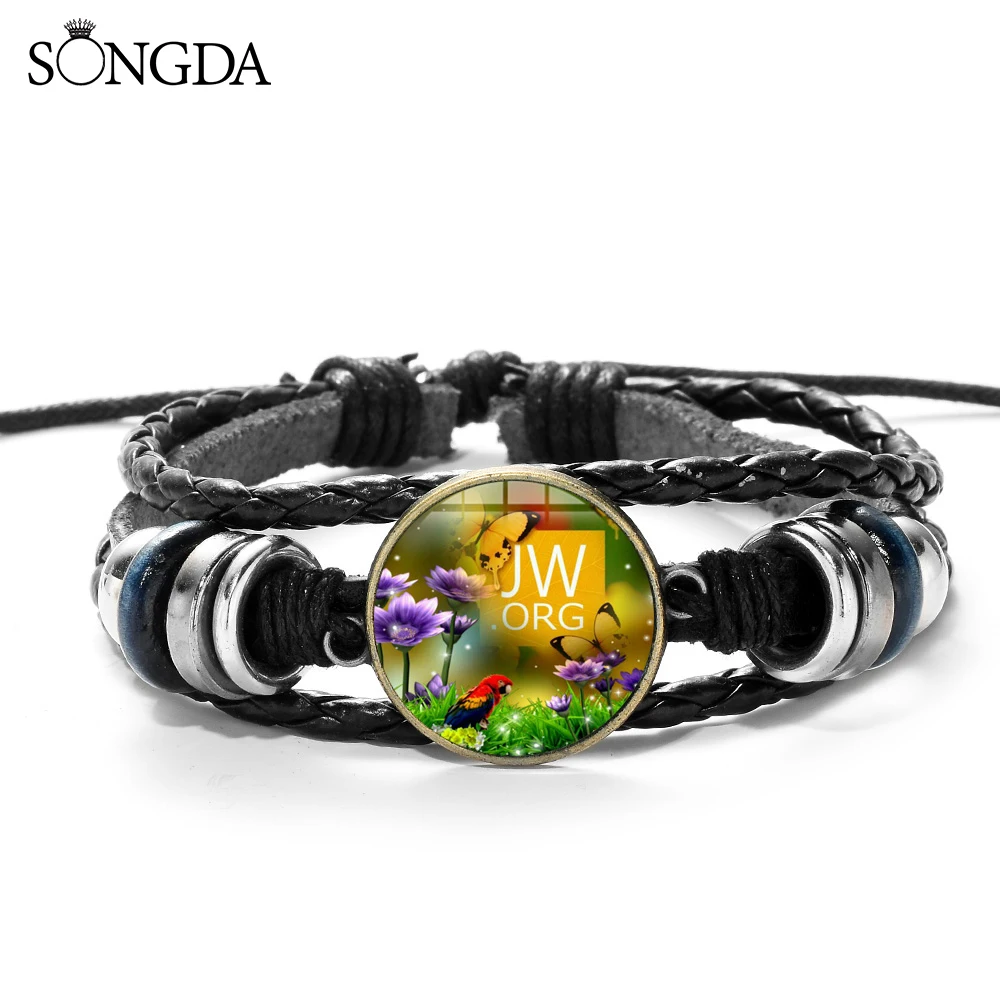 

SONGDA Charm JW.ORG Multilayer Woven Leather Bracelet Collection Jehovah's Witness Wood Bead Glass Dome Charm Bracelet Women Men