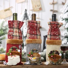 Рождественское украшение, клетчатая льняная ткань, крышка для бутылки вина с Санта-Клаусом и оленем, красная бутылка шампанского, украшение для рождественского стола, Рождественский подарок