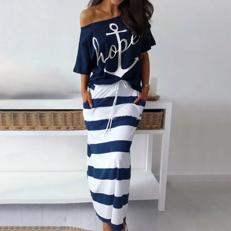 

Women Two Piece Matching Sets Boat Anchor Print Short Sleeve Top T-shirt & Striped Ankle-length Skirt Sets Casual Suits