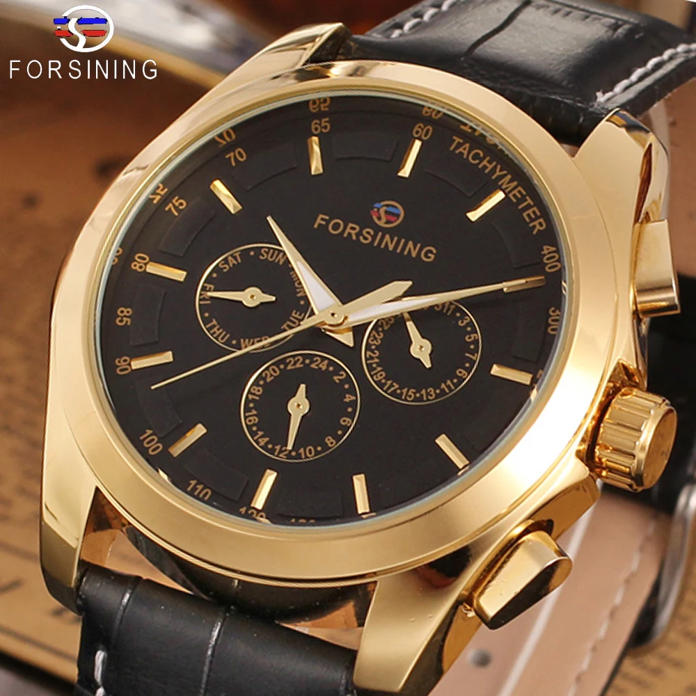 

Forsining 2020 Retro Fashion Designer Three Dial Decoration Genuine Leather Golden Men Luxury Brand Automatic Mechanical Watches