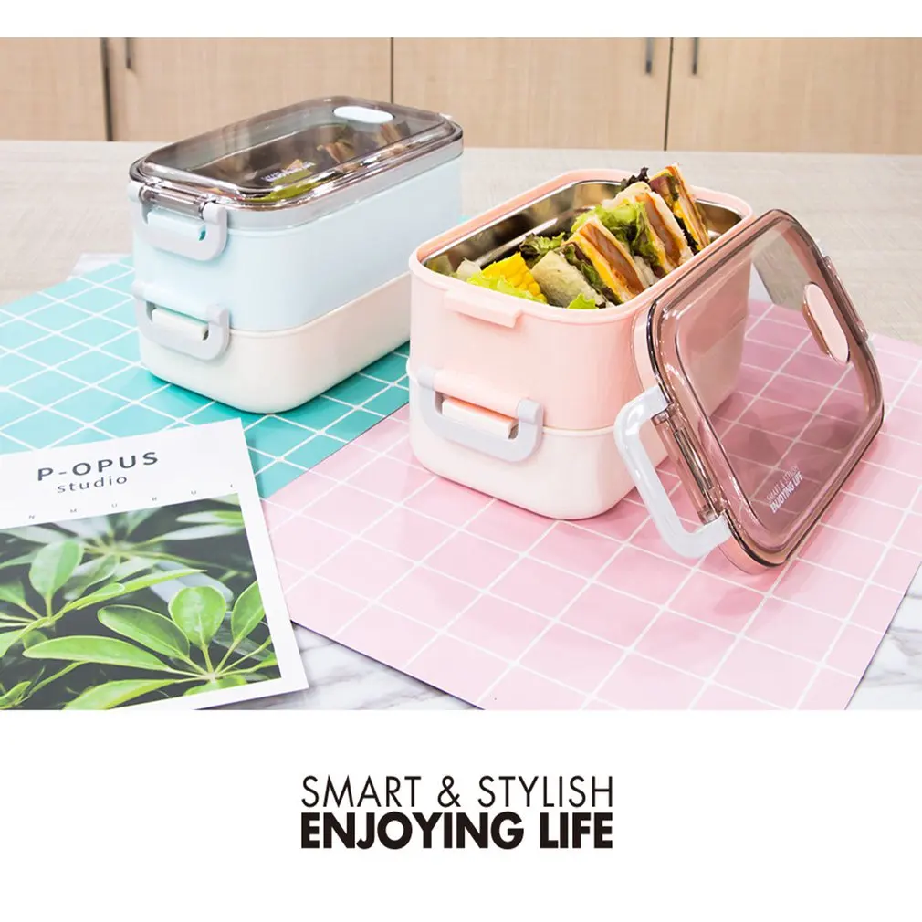 

Stainless steel insulated lunch box lunch box fast food tray student with lid portable canteen office double lunch box