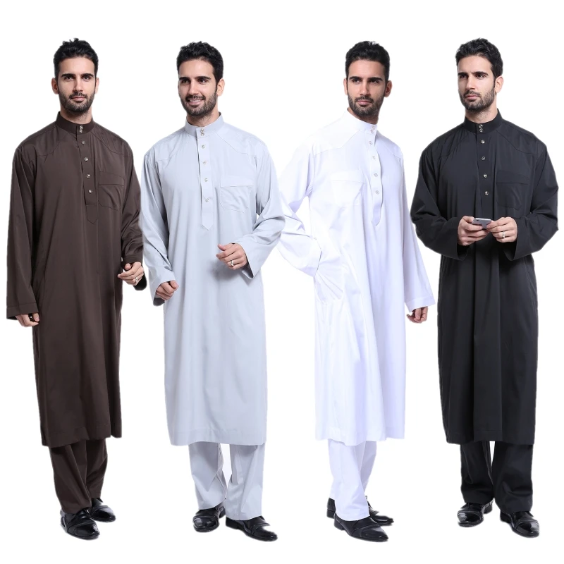 2PCS Men Muslim Middle East Saudi Arab Clothes Robe Islamic Kaftan Set Top+Pants 