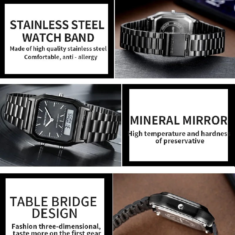 Retro Classic Men Watches SANDA 747 Dual Display Quartz