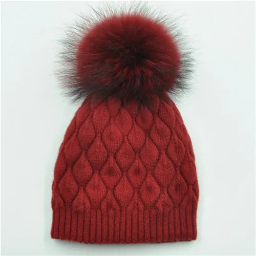 Women Winter Hat Angora Knitted Wool Beanie Female New Fashion Casual Outdoor Thick Ladies Warm Fur Ball Hats - Color: Wine red match fur