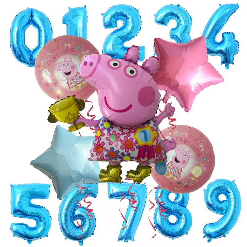 6 шт. фольгированные шары с рисунком Свинки Пеппы 32 дюйма синий 0-9 для маленьких мальчиков и девочек гелиевые шары с днем рождения украшения для комнаты детские игрушки - Цвет: 6pcs