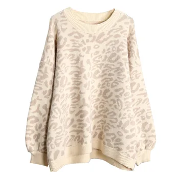 

Women o-neck leopard plus size winter sweater