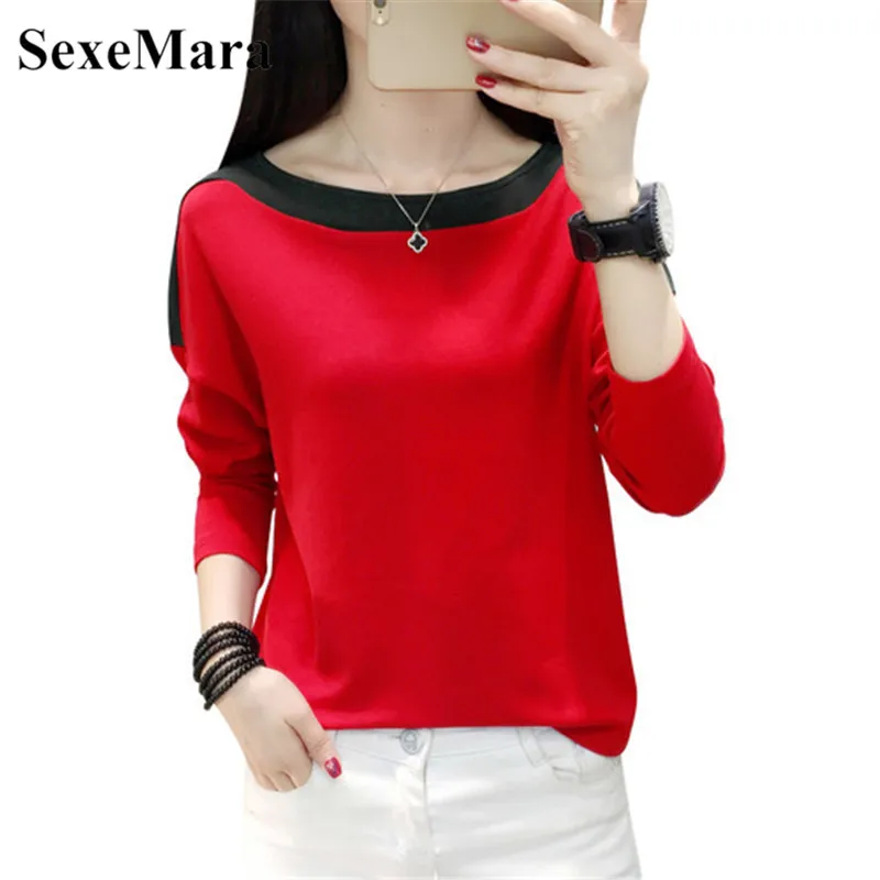 

T-shirt 2019 Korean version of the fall and winter new fashion word collar long sleeve stitching wild T-shirt bottoming shirt