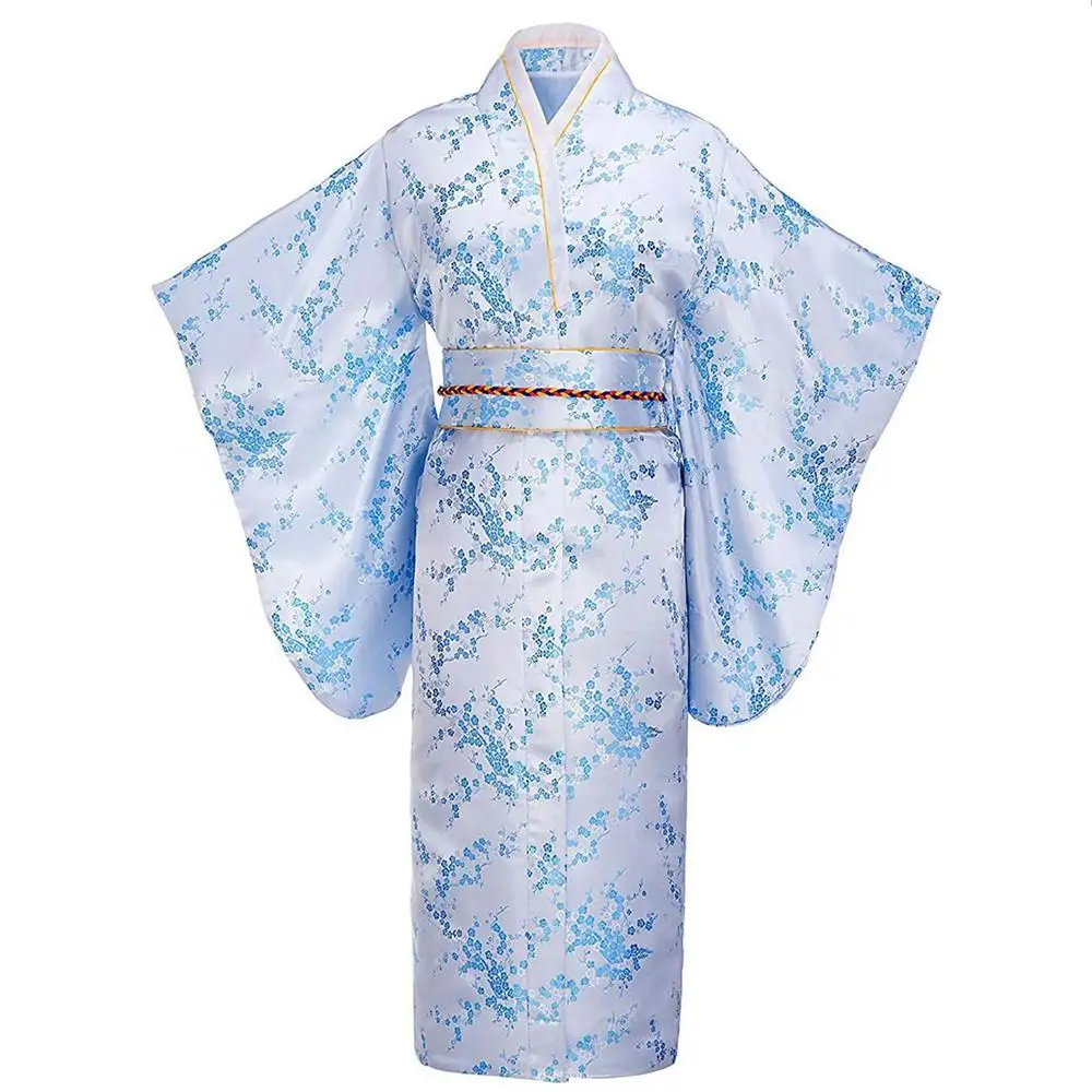 Одежда с v-образным вырезом для японских женщин традиционное кимоно купальный халат с цветочным принтом платье с длинным рукавом вечернее платье для выпускного вечера - Цвет: Blue