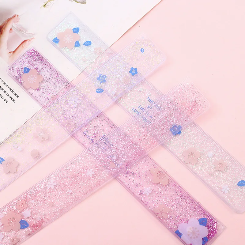 Kawaii зыбучие пески вишни линейка Сакура прозрачный блеск Масло Линейка Канцелярские товары школьные принадлежности