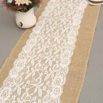

New Lace Burlap Table Runner High Quality Table Flag Natural Burlap Jute Hessian Table Runner Cloth Wedding Party Decor