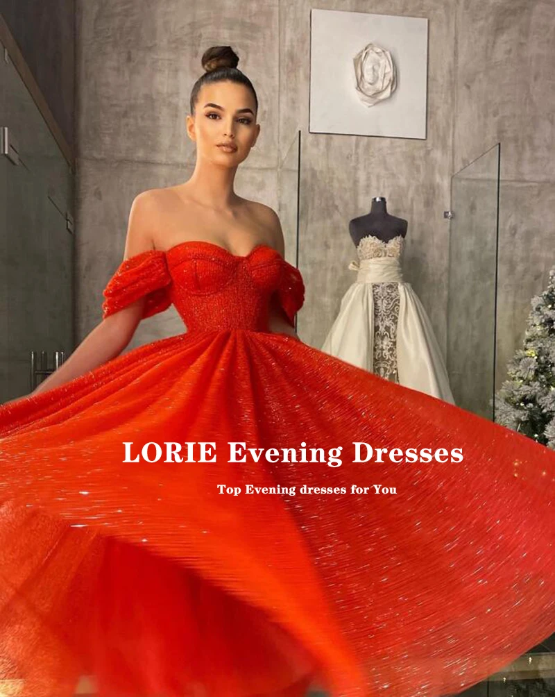 LORIE Glitter Prom Dress Red Off the Shoulder Tea Length Shiny Celebrity Wedding Party Dress for Graduation vestidos de fiesta