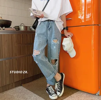 

2020 Spring And Summer New Youth Popular Male Loose Solid Color Ripped Jeans Fashion Casual Straight Pants Blue S-2XL
