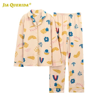 

100% Cotton Floral Long Sleeve Long Pants Sleepwear Fashion Style Casual Style Pajama Set Pj Set Turn Down Collar Woman Clothes
