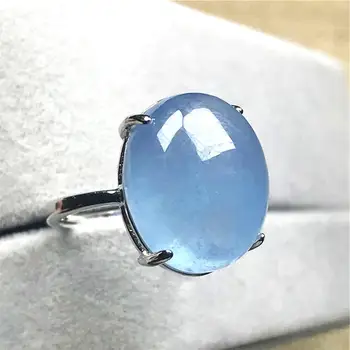 

16x13mm Real Natural Ocean Blue Aquamarine Ring Jewelry For Woman Lady Man Crystal Beads Silver Stone Adjustable Size Ring AAAAA