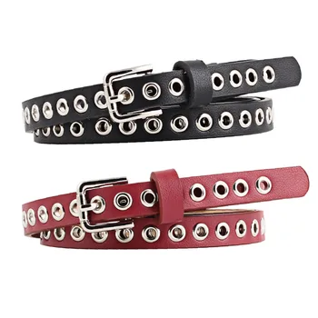 

2020 Punk Style PU Leather Grommet belt for Women Metal Pin Buckle Red Black Blue Thin belts Strap Waistbelts for Ladies Jeans