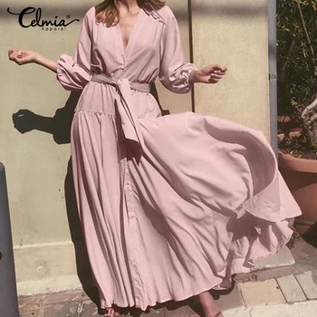 

Plus Size Ruffles Dress Women V neck Puff Sleeve Long Maxi Dresses 2020 Celmia Ladies Casual Loose Belted Party Vestidos Robe