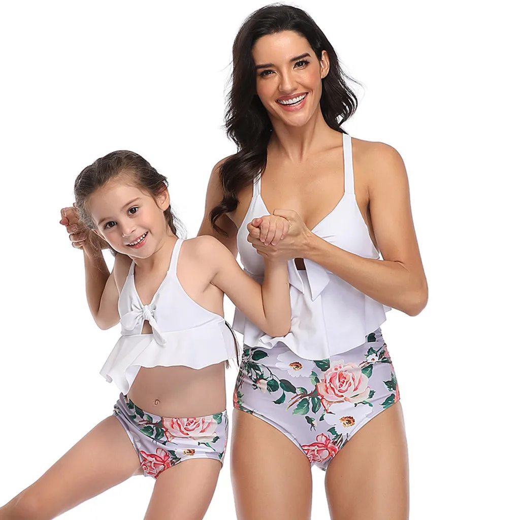 Женское нижнее белье из двух предметов с принтом для мамы и дочки; белый топ на бретелях с оборками и бантом; Леггинсы с принтом; комплект нижнего белья; 19Dec10