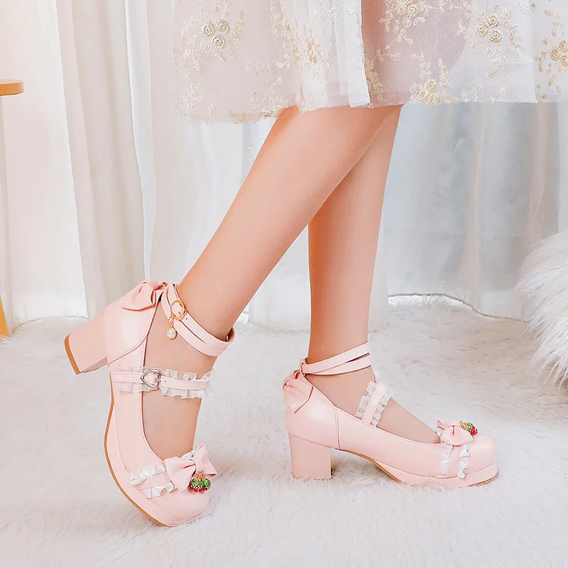 Women Cute Lolita Cosplay Shoes Bow Mid Chunky Heel Heart Strap Platform Mary Jane Pumps Kawaii Sweet School Girl Strawberry