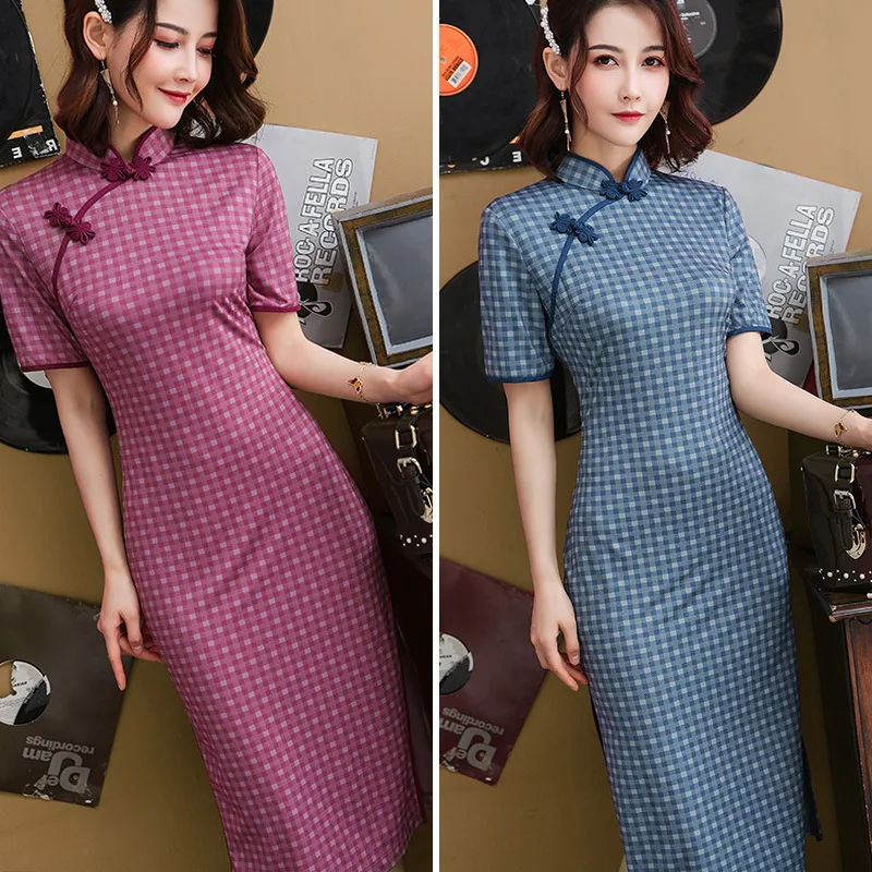 Cheongsam новые женские платья с коротким рукавом и стоячим воротником, длинное тонкое элегантное платье с вышивкой