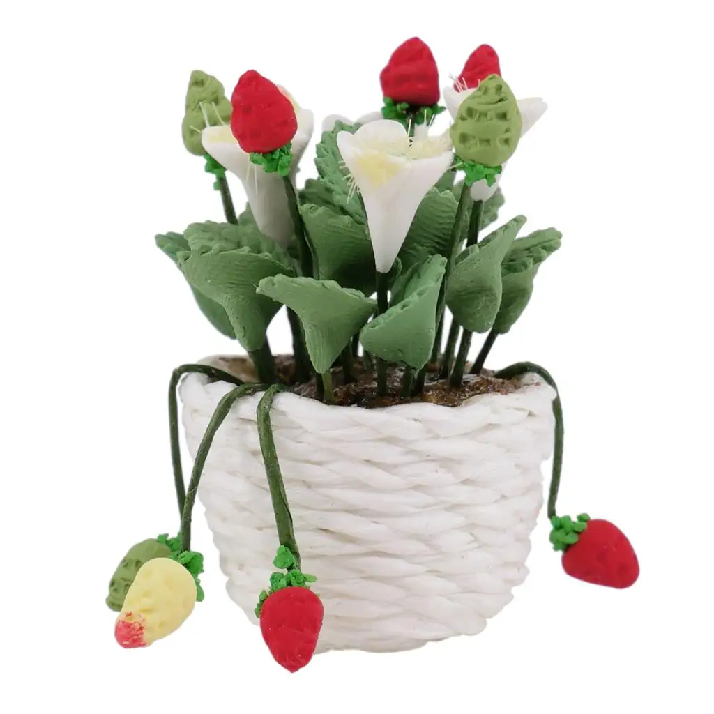 12th Doll House Flower Potted Miniature Strawberries Bonsai Model Beautiful DIY Fairy Garden Ornament Dollhouse Decor Kids Toy
