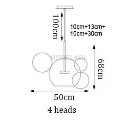 4 heads Dia 50cm Современный светодиодный подвесной светильник с золотым стержнем в виде пузырьков, подвесной светильник в скандинавском стиле для гостиной, ресторана, бара, стеклянного шара, Подвесная лампа с молекулой волшебной фасоли - Цвет корпуса: 4 heads Dia 50cm
