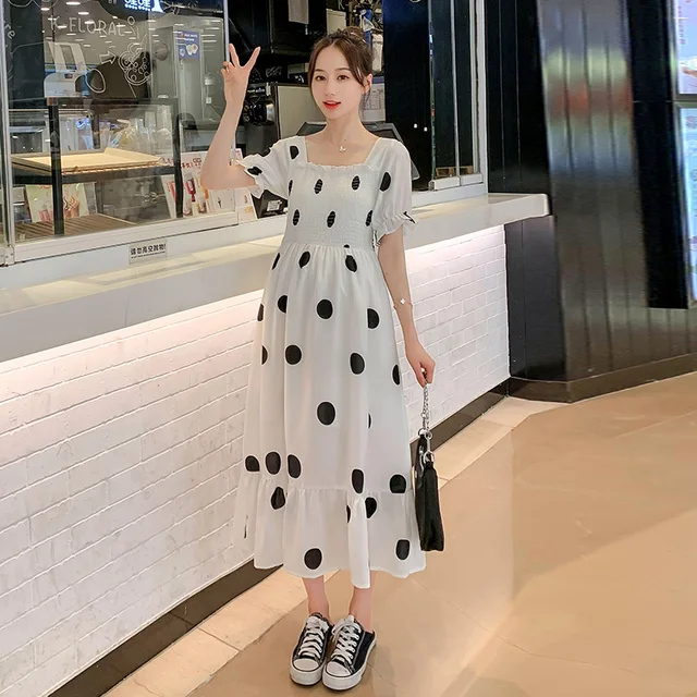 9398# 2021 Summer Korean Fashion Maternity Long Dress Elegant A Line Clothes for Pregnant Women Sweet Polka Dot Pregnancy 3